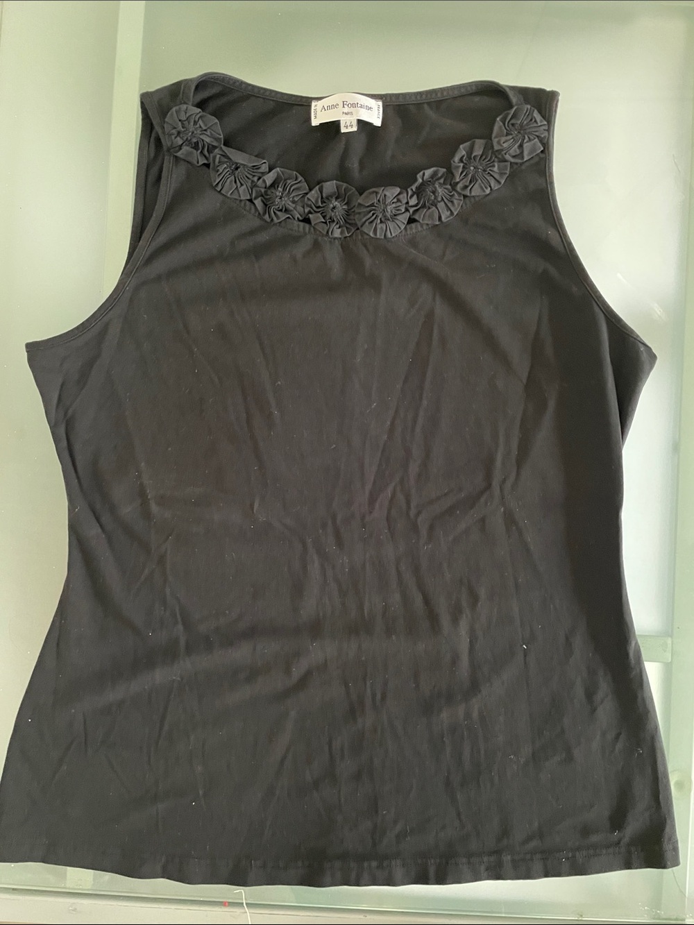 Anne Fontaine Black Sleeveless Tank with Floral Trim